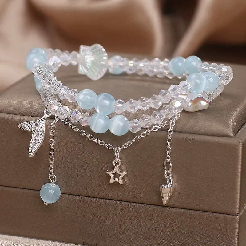 Double circle aquamarine bracelet for women, light blue gemstone in metal setting