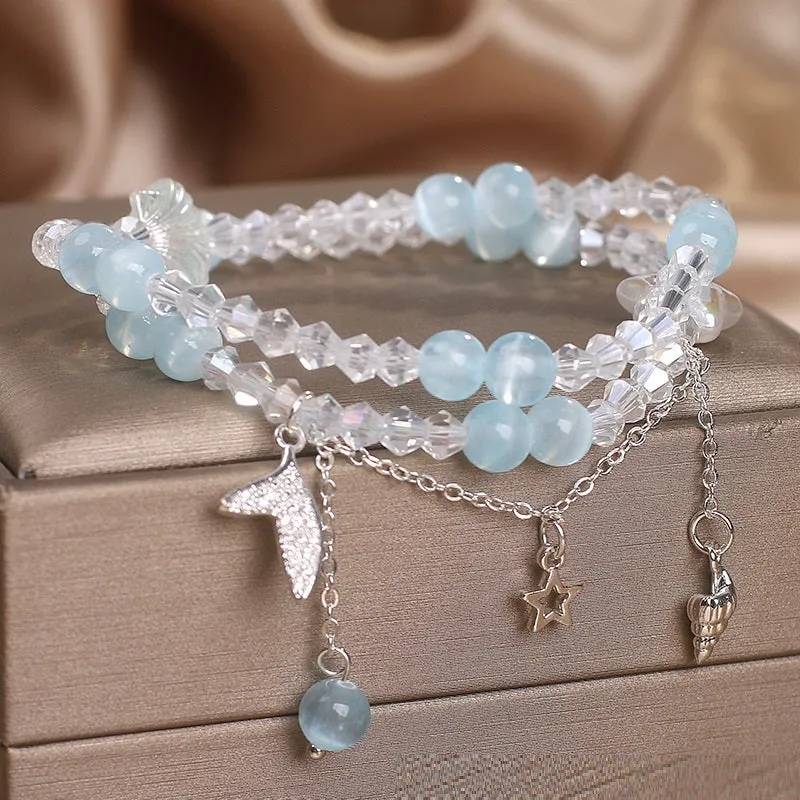 Double circle aquamarine bracelet for women, light blue gemstone in metal setting
