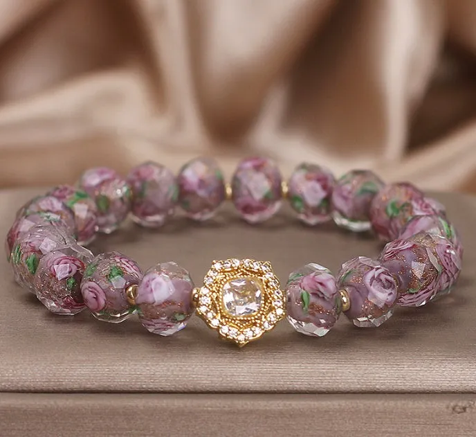 Purple electroplated glass and coloured glaze bracelet for women, original design