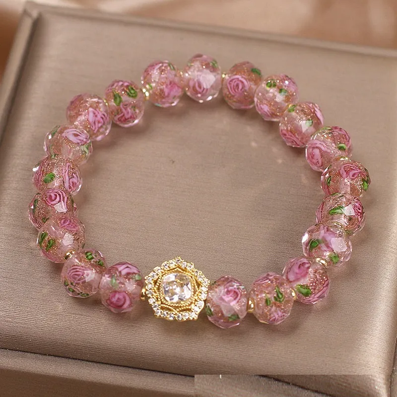 Flower Story pink crystal bracelet women's light luxury electroplated glass coloured glaze bracelet