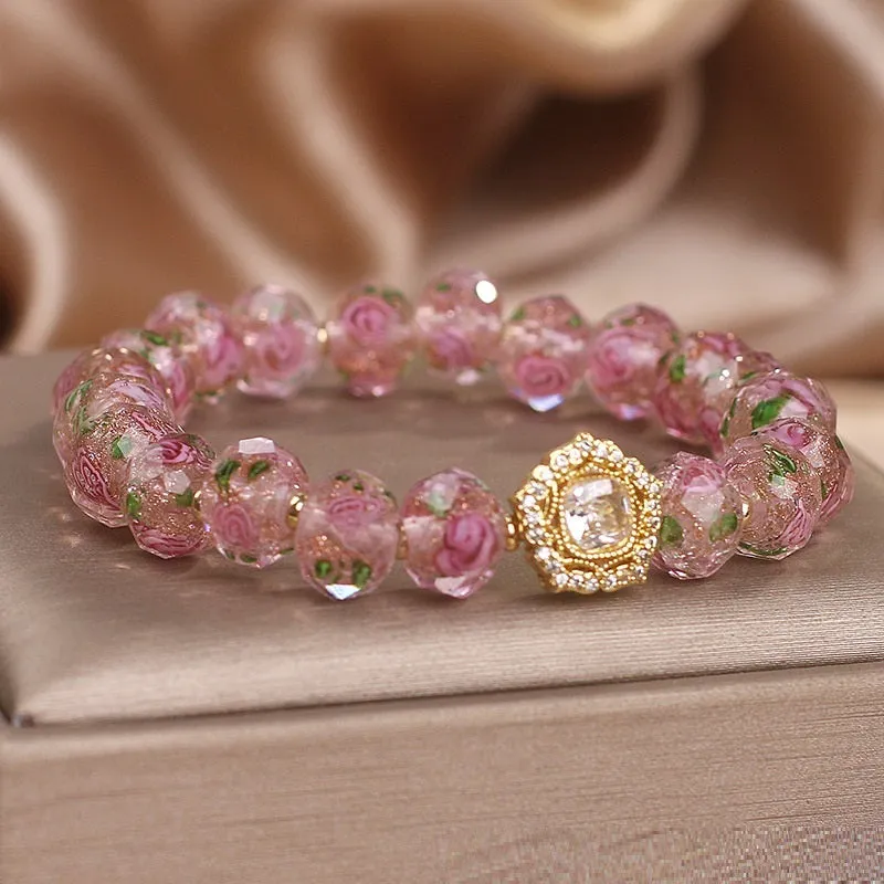 Flower Story pink crystal bracelet women's light luxury electroplated glass coloured glaze bracelet