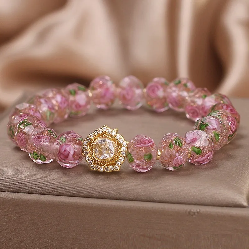 Flower Story pink crystal bracelet women's light luxury electroplated glass coloured glaze bracelet