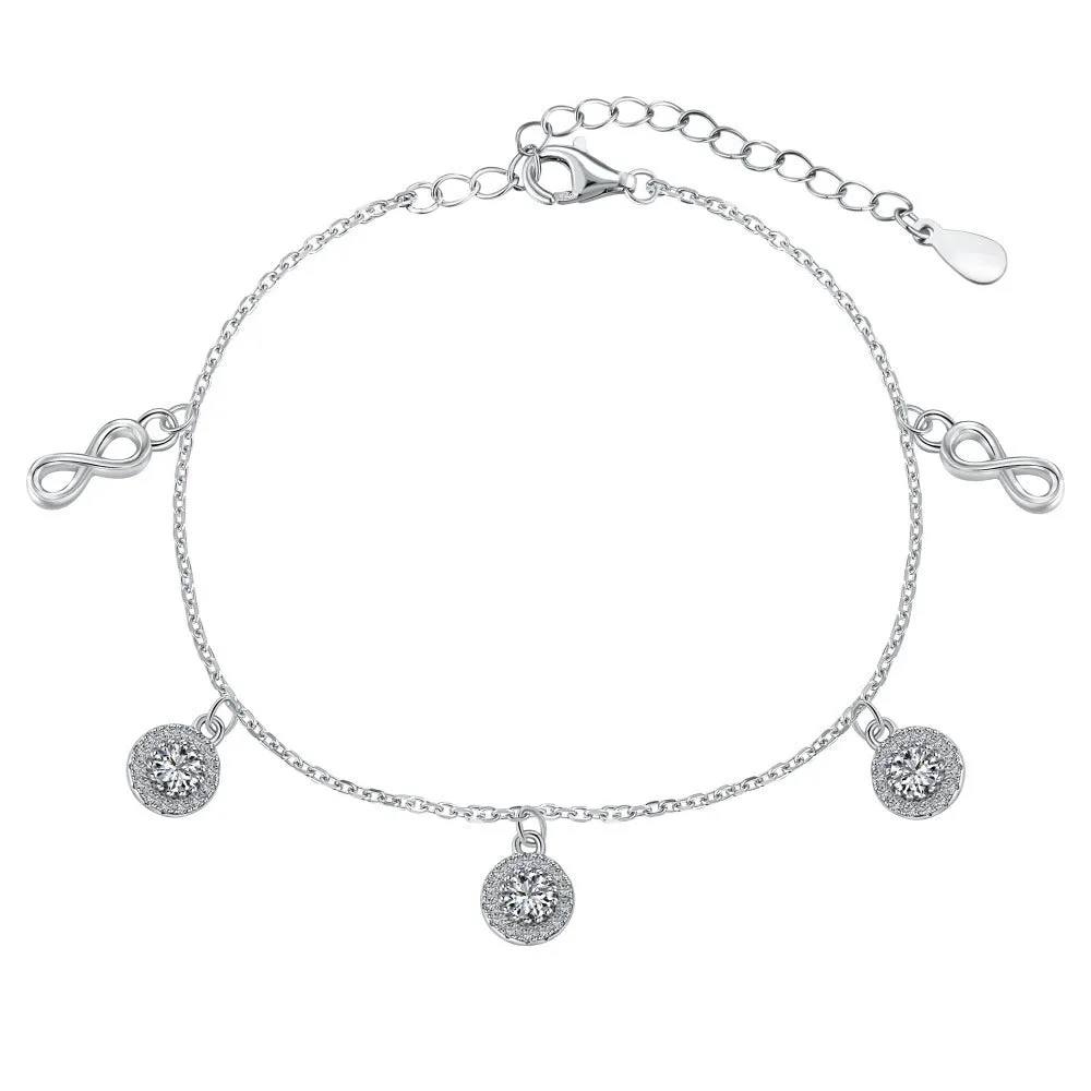 S925 sterling silver infinite symbol anklet with cubic zirconia in glossy finish gold colour