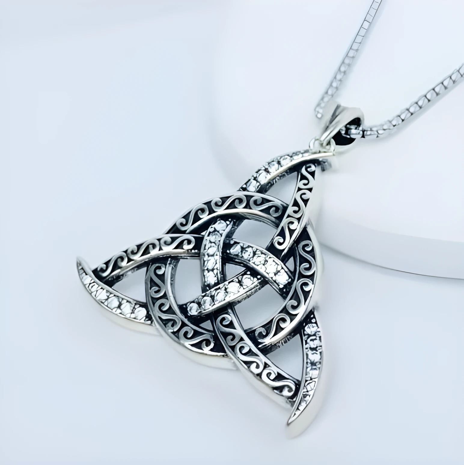 Triangle copper pendant necklace in electroplated black with pearl chain style