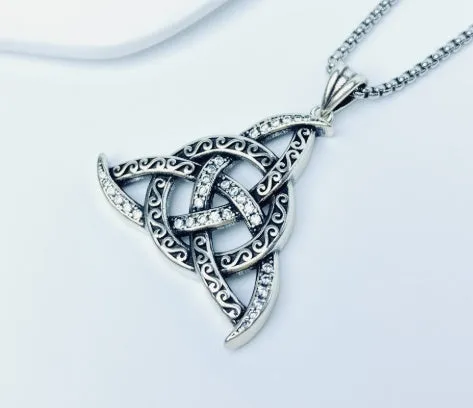 Triangle copper pendant necklace in electroplated black with pearl chain style