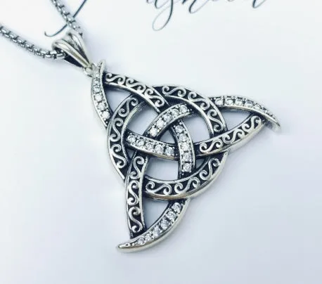 Triangle copper pendant necklace in electroplated black with pearl chain style