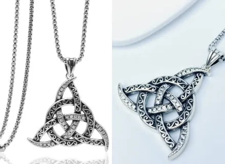 Triangle copper pendant necklace in electroplated black with pearl chain style