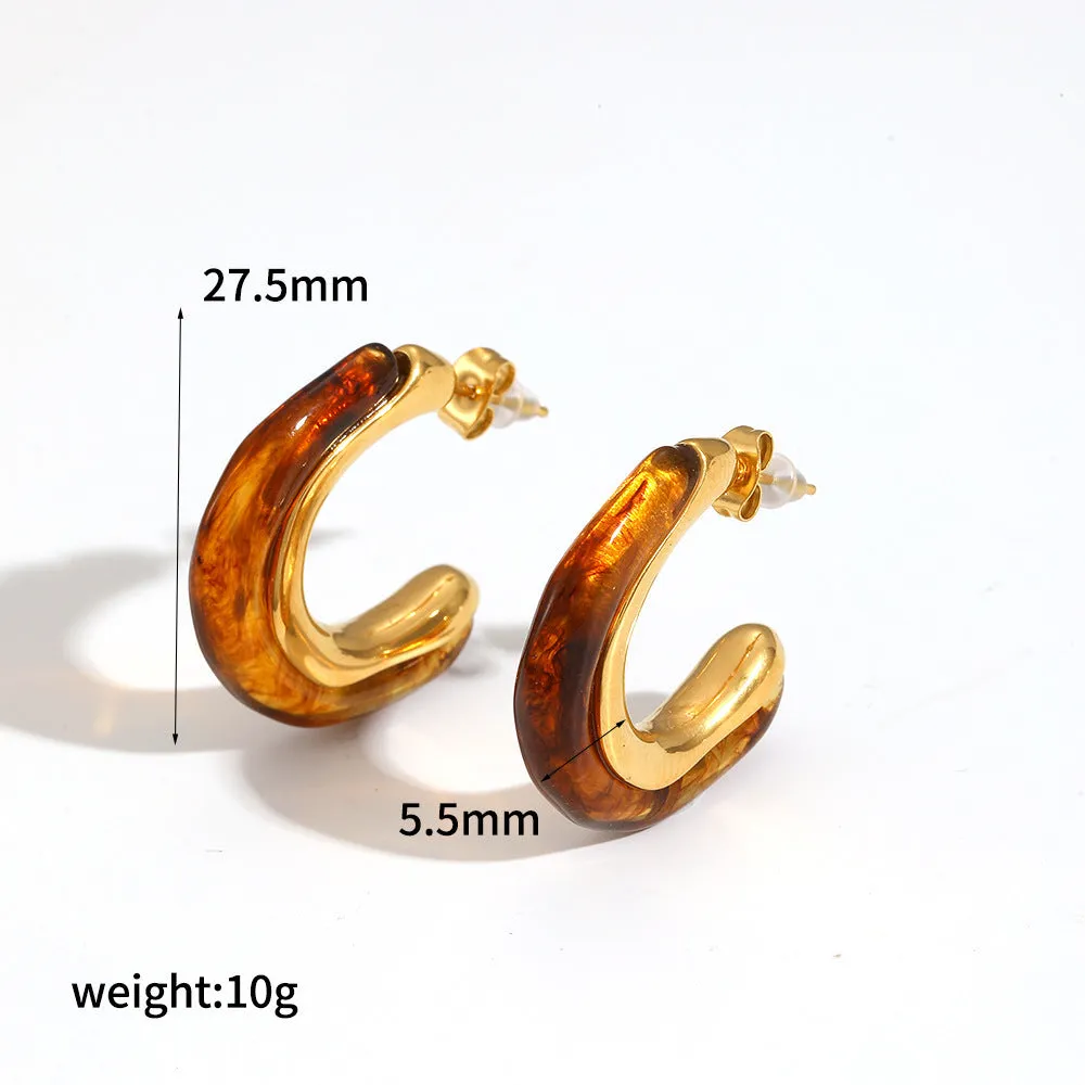 18K gold plated stainless steel hoop earring with amber resin detail, clip-on design, women's retro geometric style
