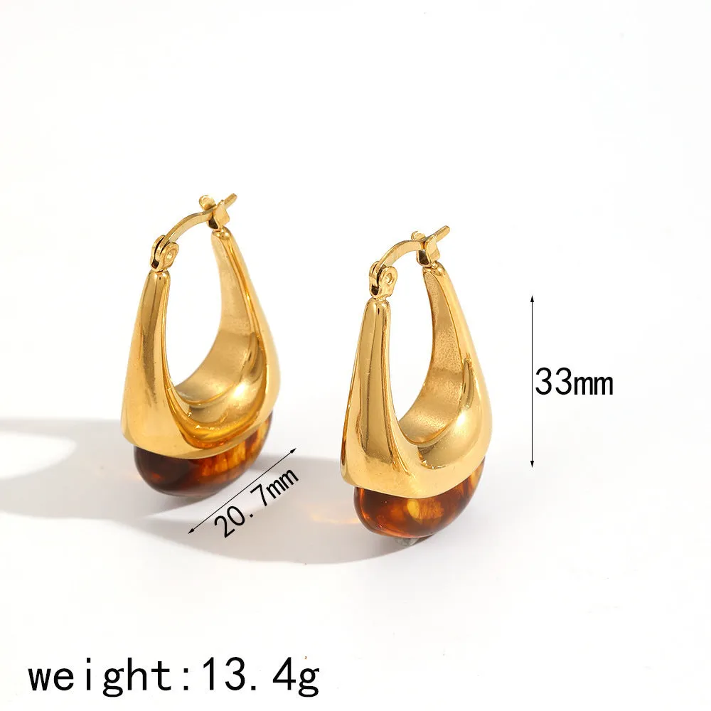 18K gold plated stainless steel hoop earring with amber resin detail, clip-on design, women's retro geometric style