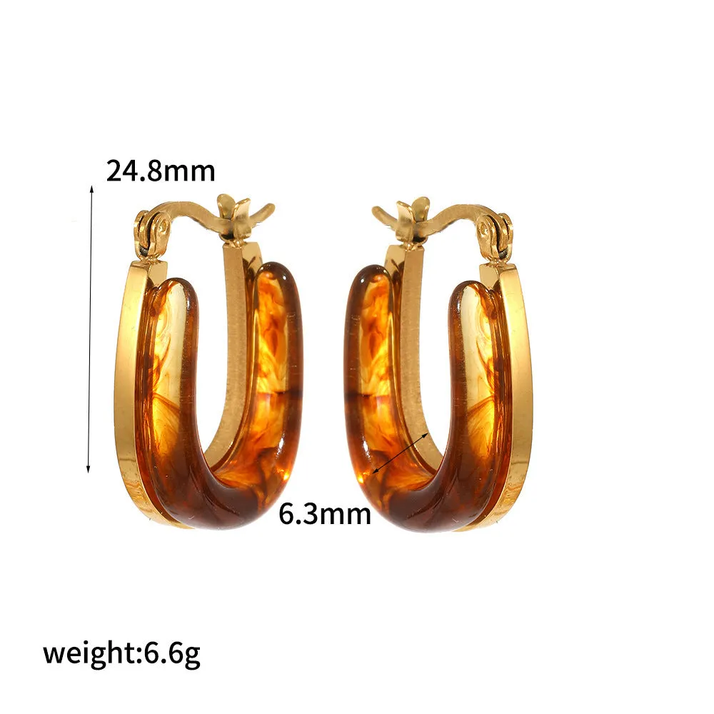 18K gold plated stainless steel hoop earring with amber resin detail, clip-on design, women's retro geometric style
