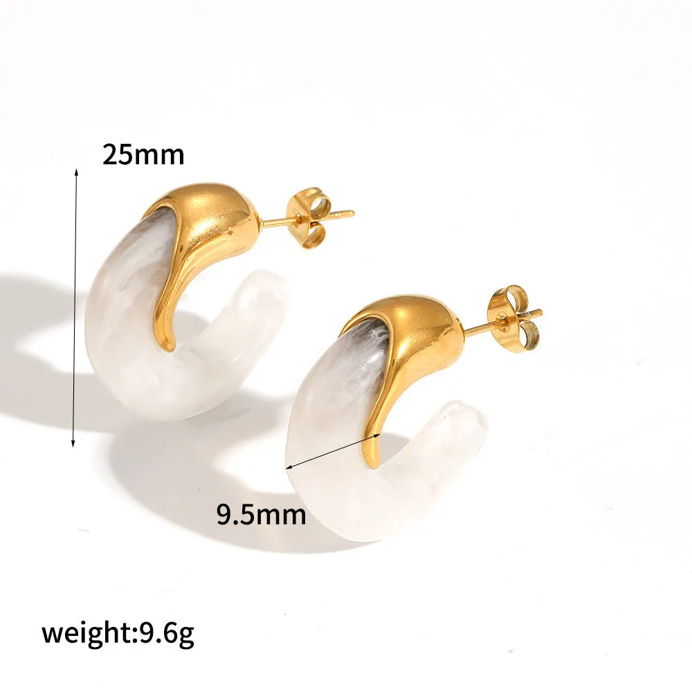 18K gold plated stainless steel hoop earring with amber resin detail, clip-on design, women's retro geometric style