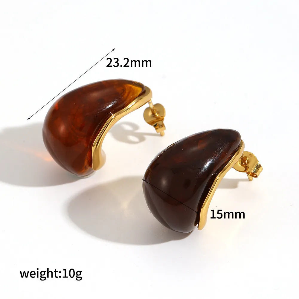 18K gold plated stainless steel hoop earring with amber resin detail, clip-on design, women's retro geometric style