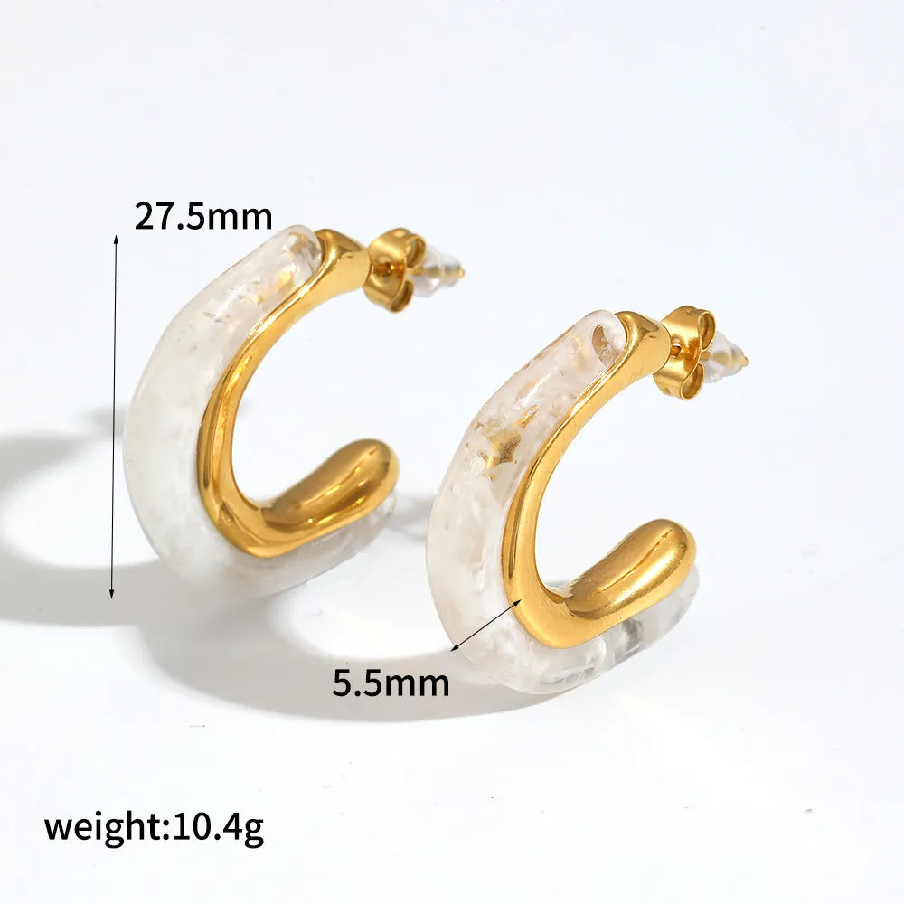 18K gold plated stainless steel hoop earring with amber resin detail, clip-on design, women's retro geometric style