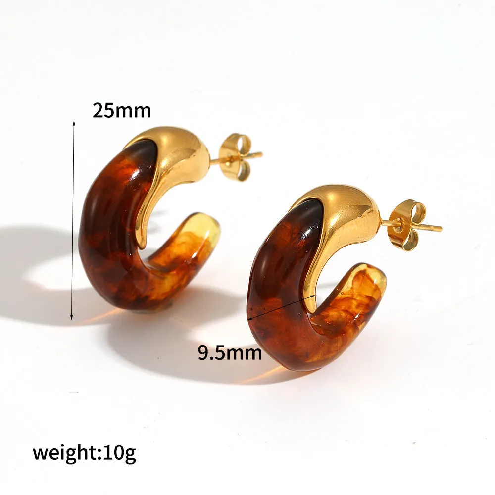 18K gold plated stainless steel hoop earring with amber resin detail, clip-on design, women's retro geometric style