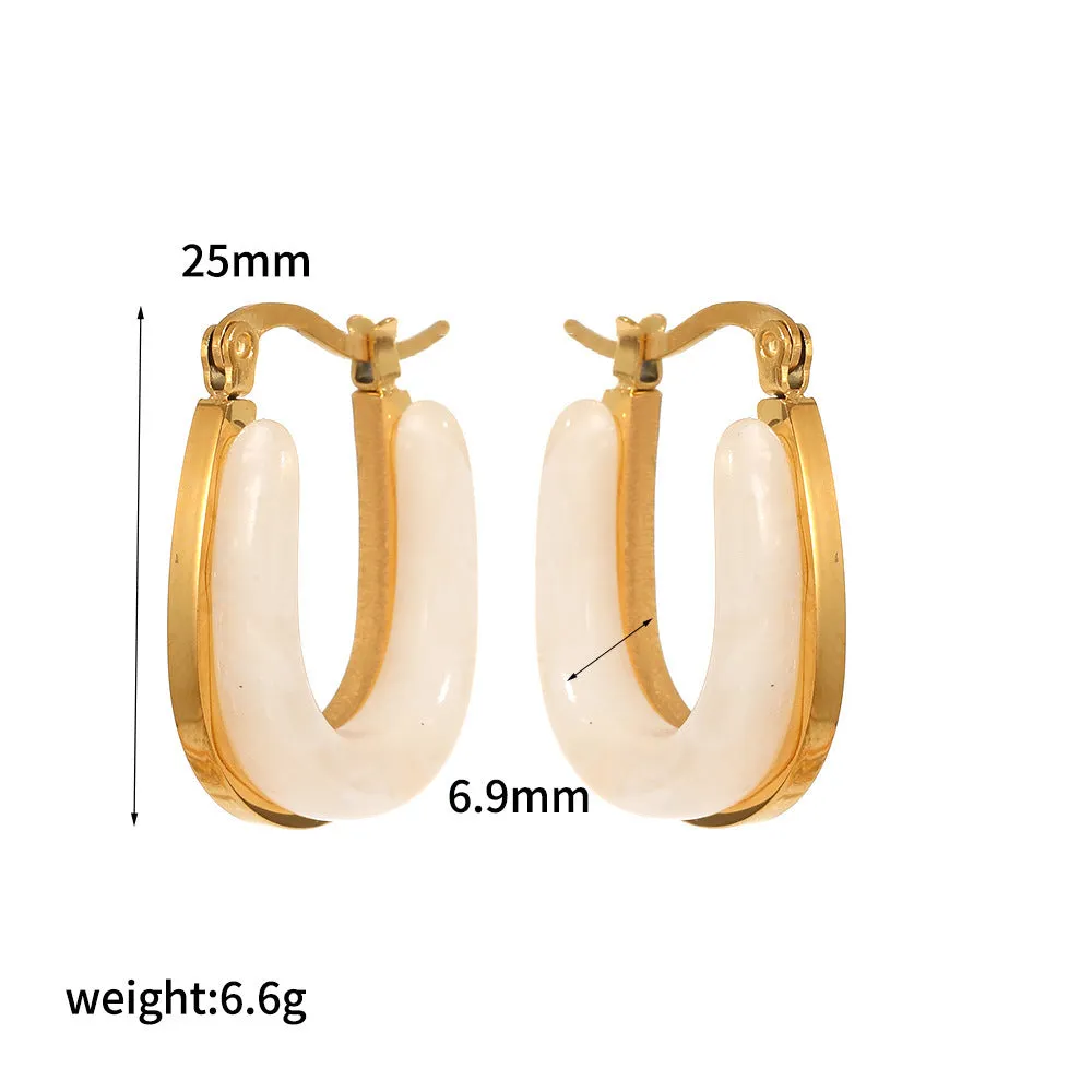 18K gold plated stainless steel hoop earring with amber resin detail, clip-on design, women's retro geometric style
