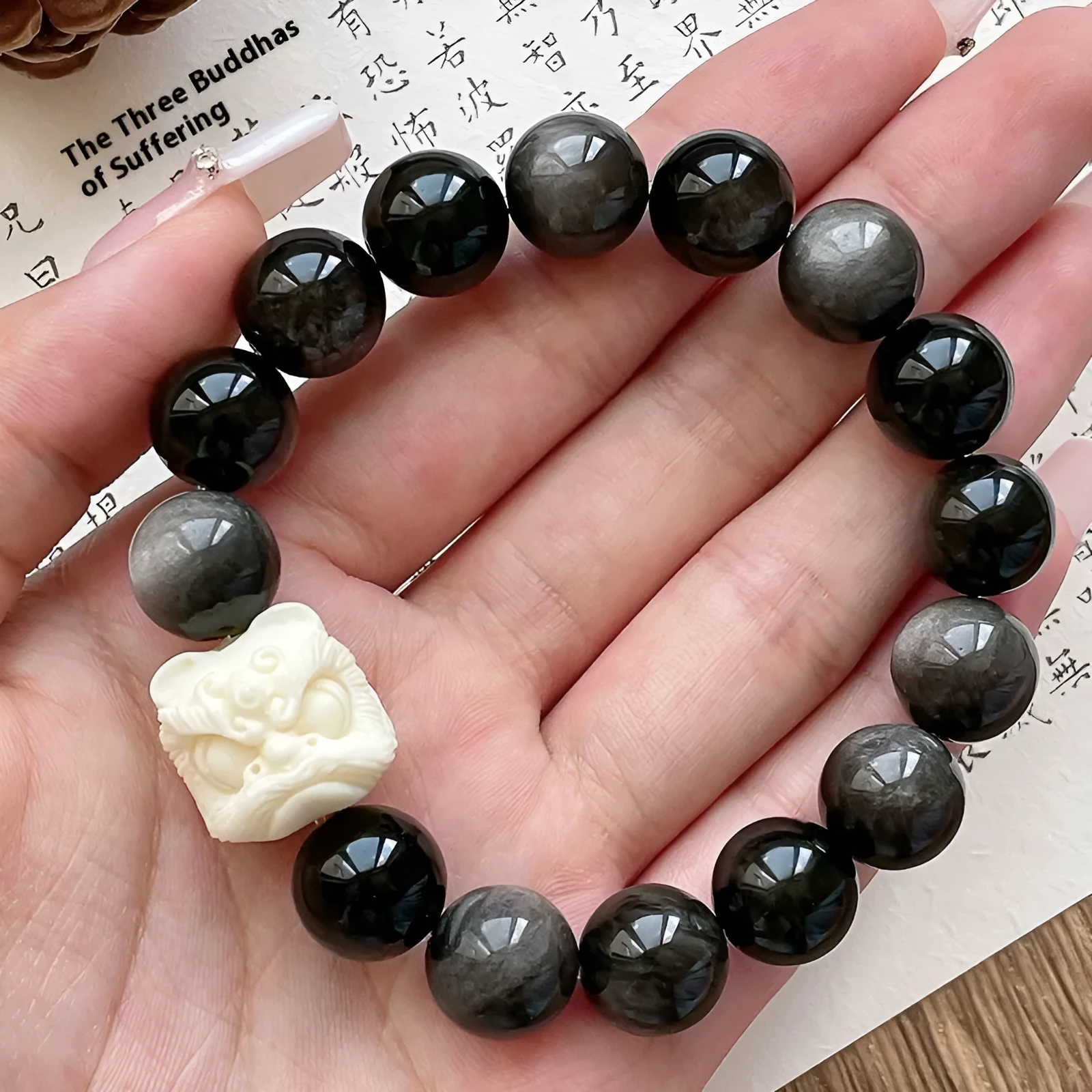 Obsidian single circle prayer beads bracelet for men with chamfered square grain detailing