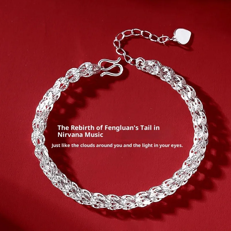 S999 pure silver phoenix tail bracelet for women, simple style, silver colour, 20cm length