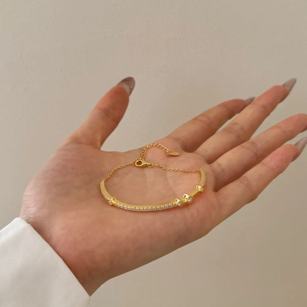 S925 sterling silver double chain bracelet for women round quadrilateral geometric white gold gold