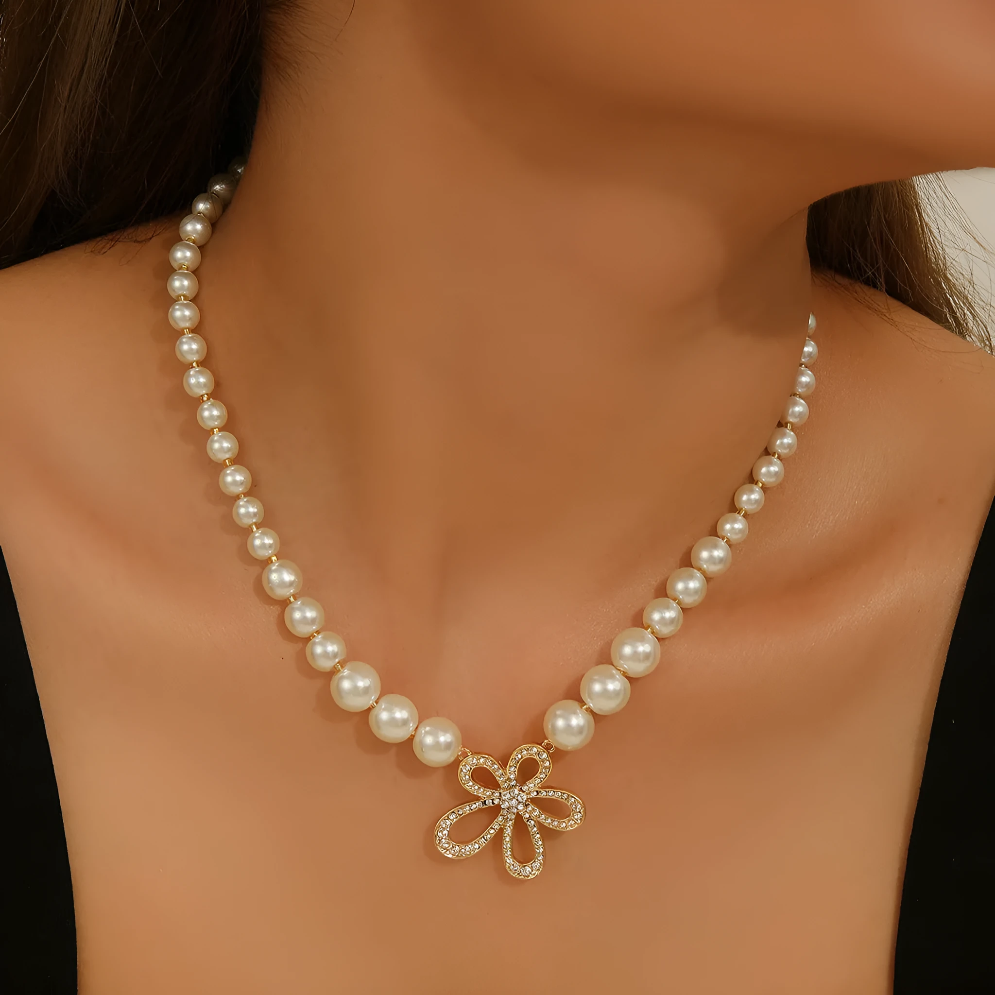 French romantic flower pendant necklace in silver tone with adjustable chain on white background