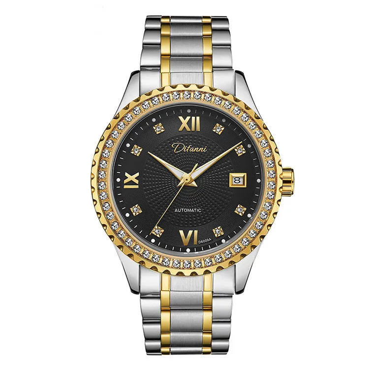 Fashionmonger men's automatic mechanical watch with luminous hands on wrist, showing gold case and white dial option.