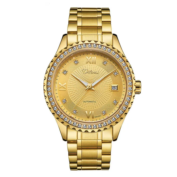 Fashionmonger men's automatic mechanical watch with luminous hands on wrist, showing gold case and white dial option.