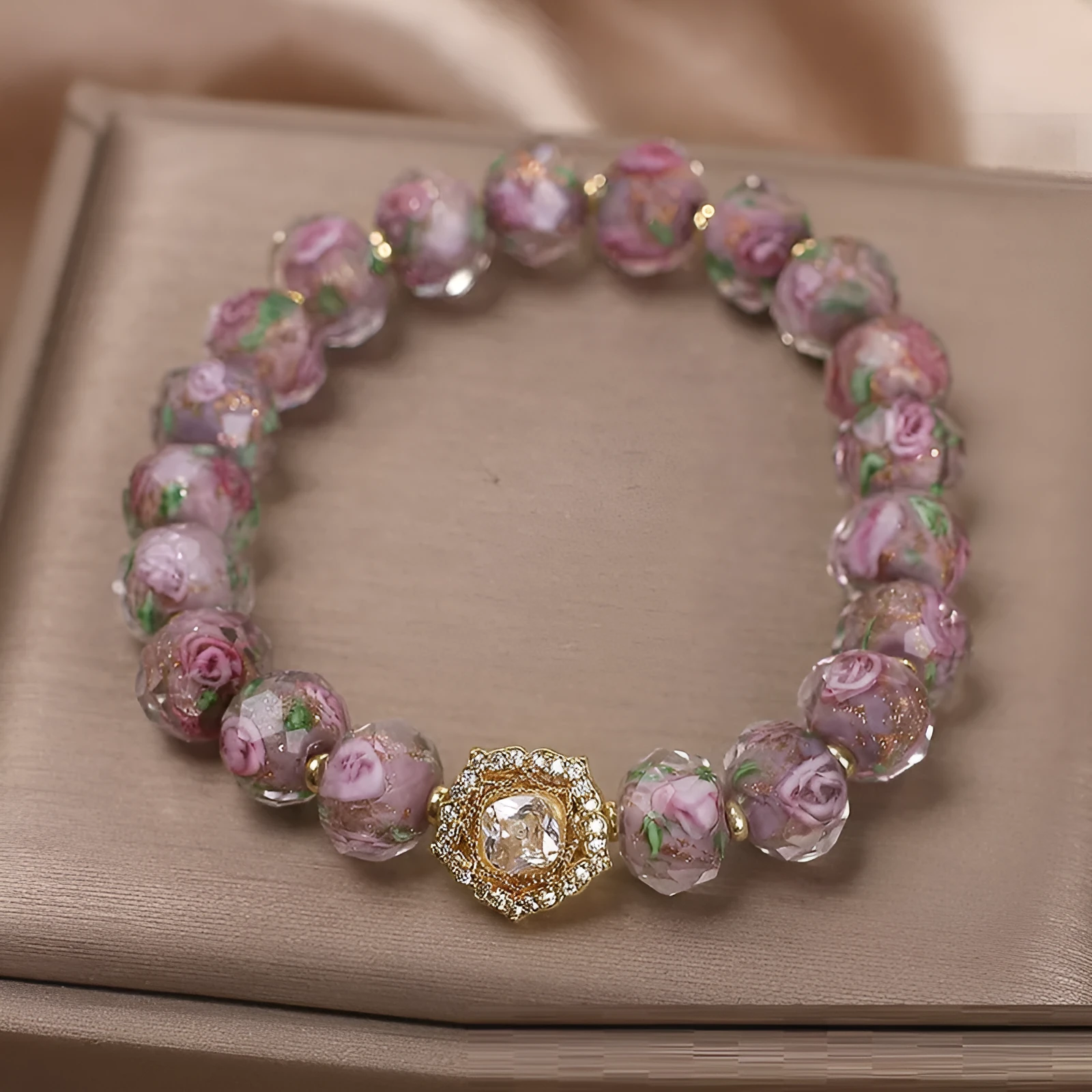 Purple glass and colored glaze amethyst style bracelet with electroplated finish for women