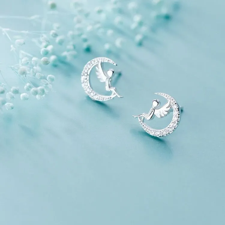 Silver plated angel stud earrings for women, Korean-style fresh glossy design, silvery colour, simple stud shape