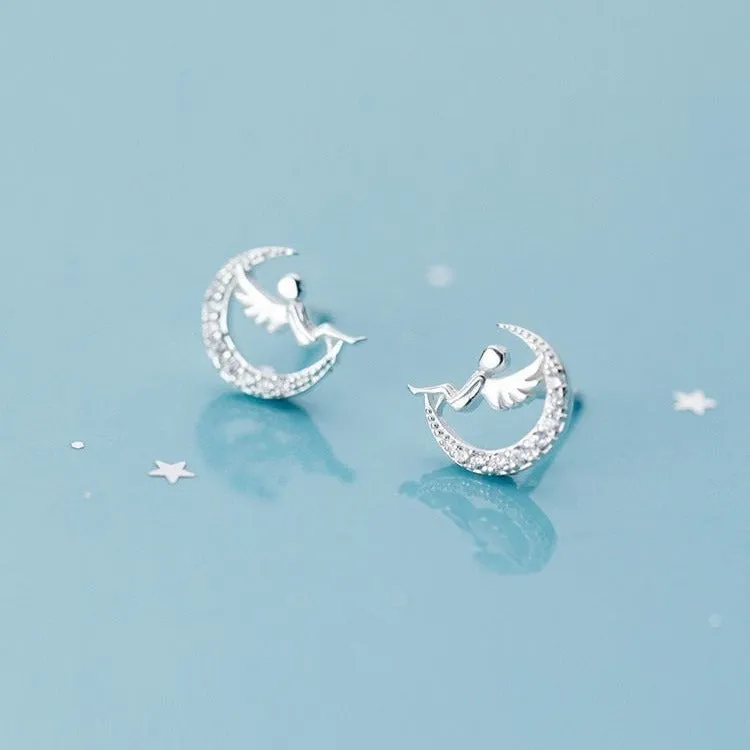 Silver plated angel stud earrings for women, Korean-style fresh glossy design, silvery colour, simple stud shape