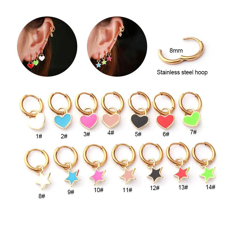 Stainless steel heart shaped ear clip with candy colour dripping oil finish for women
