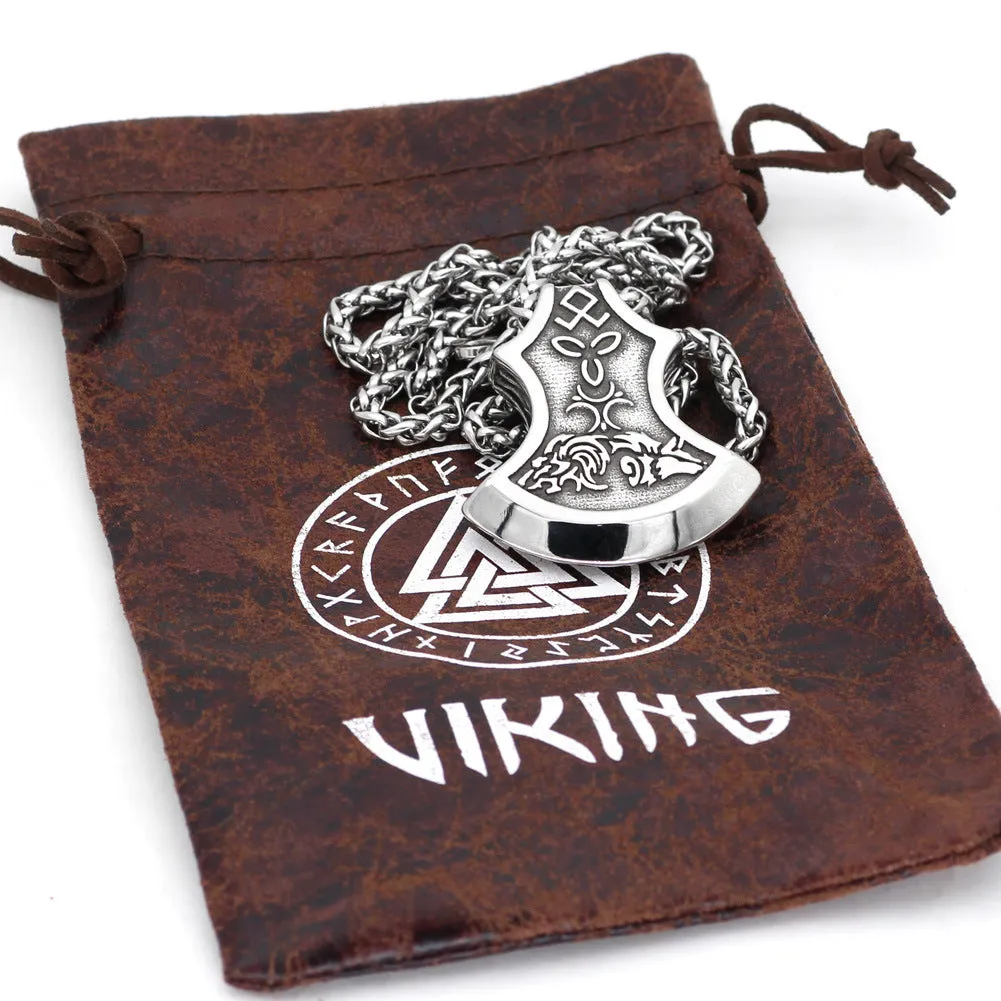 Viking Torto Axe Celtic Wolf pendant necklace in antique silver alloy on twisted chain