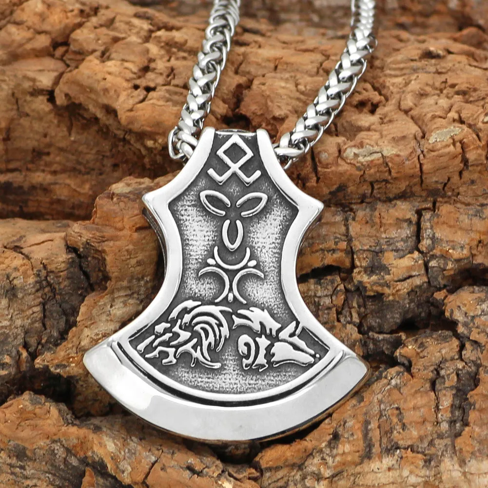 Viking Torto Axe Celtic Wolf pendant necklace in antique silver alloy on twisted chain