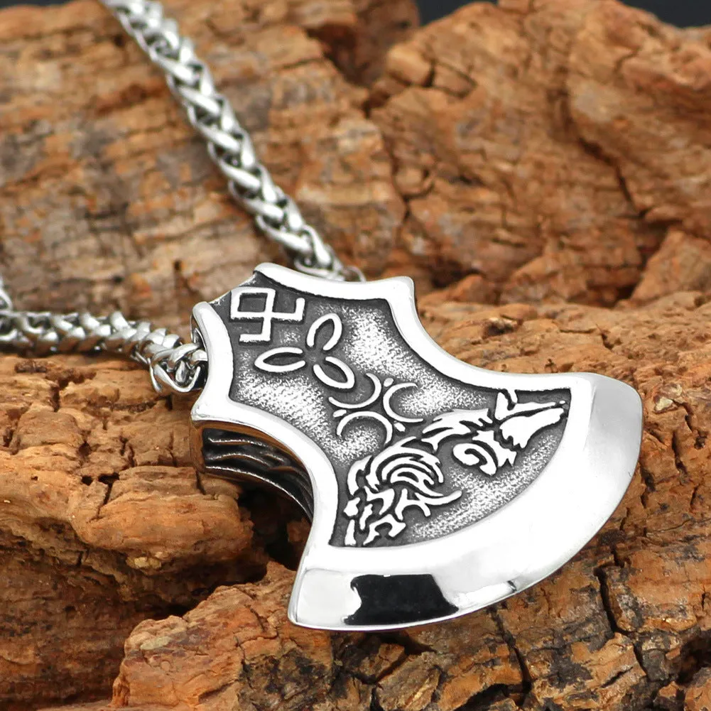 Viking Torto Axe Celtic Wolf pendant necklace in antique silver alloy on twisted chain