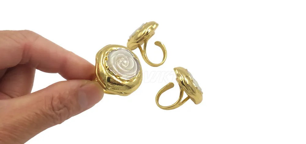 Women's copper gold-plated double ring with shell colour and roses grain texture