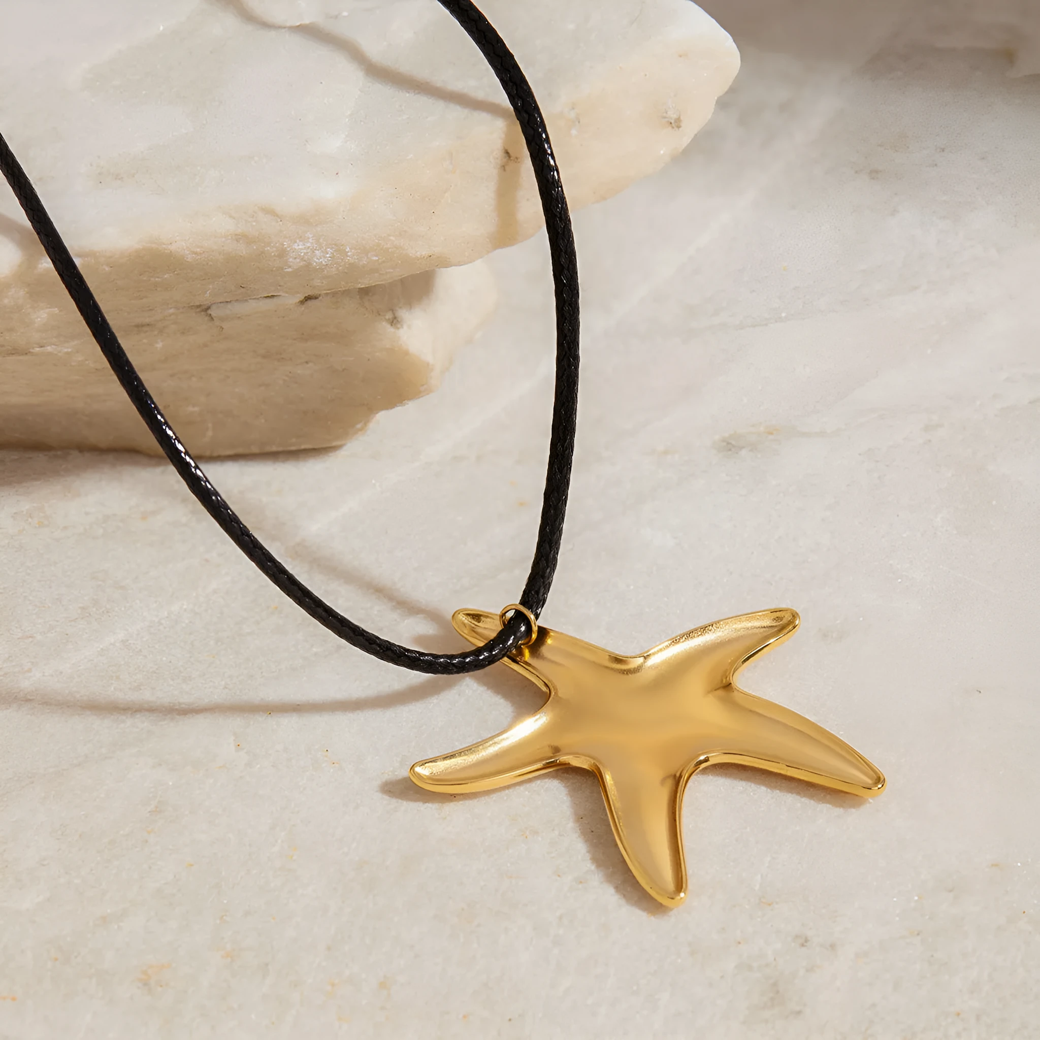 Women's titanium steel starfish pendant necklace on regular stainless steel chain, adjustable 41 to 50cm