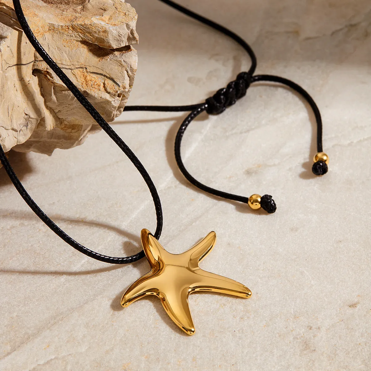 Women's titanium steel starfish pendant necklace on regular stainless steel chain, adjustable 41 to 50cm