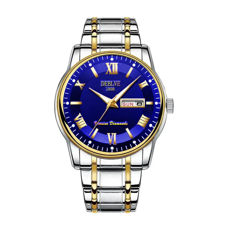 Men's fashion casual quartz watch with alloy case and gold blue dial