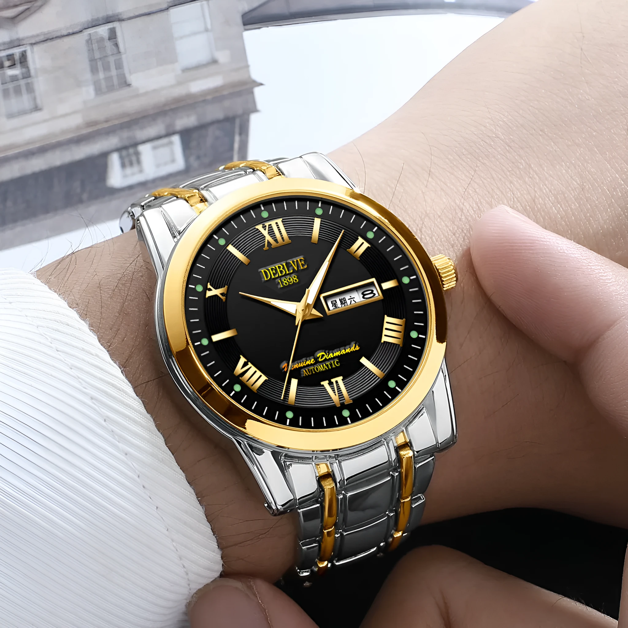 Men's fashion casual quartz watch with alloy case and gold blue dial
