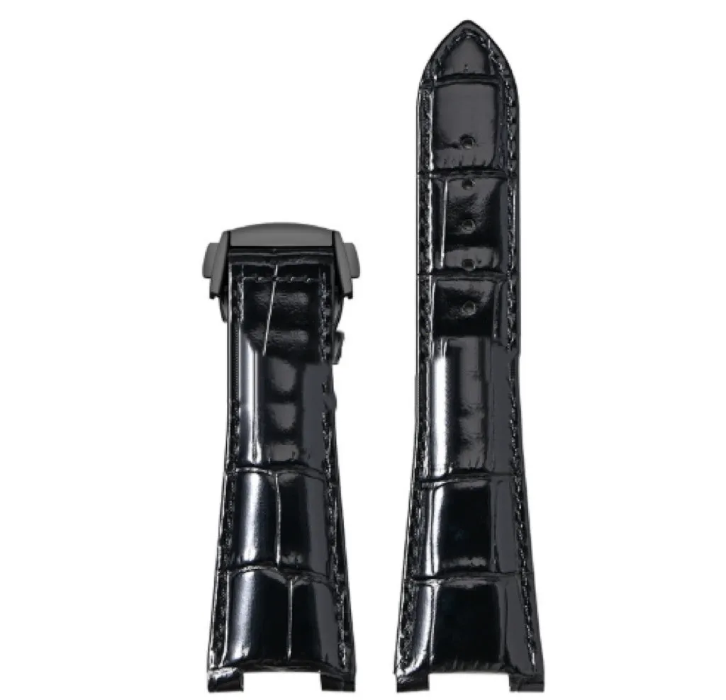Bamboo pattern leather watch band for Observatory watches in black with silver buckle