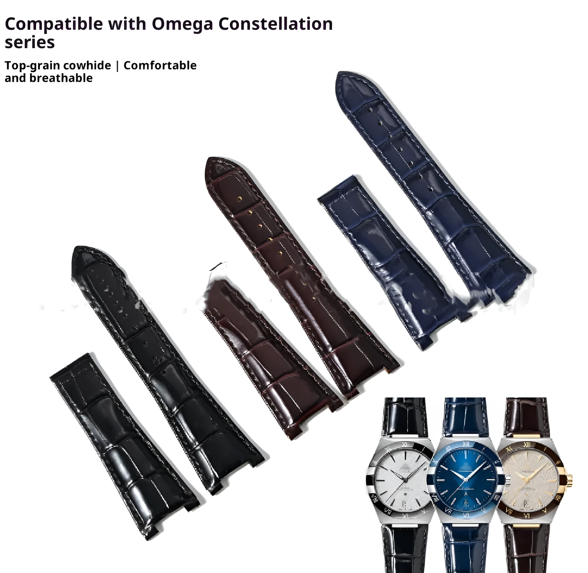 Bamboo pattern leather watch band for Observatory watches in black with silver buckle