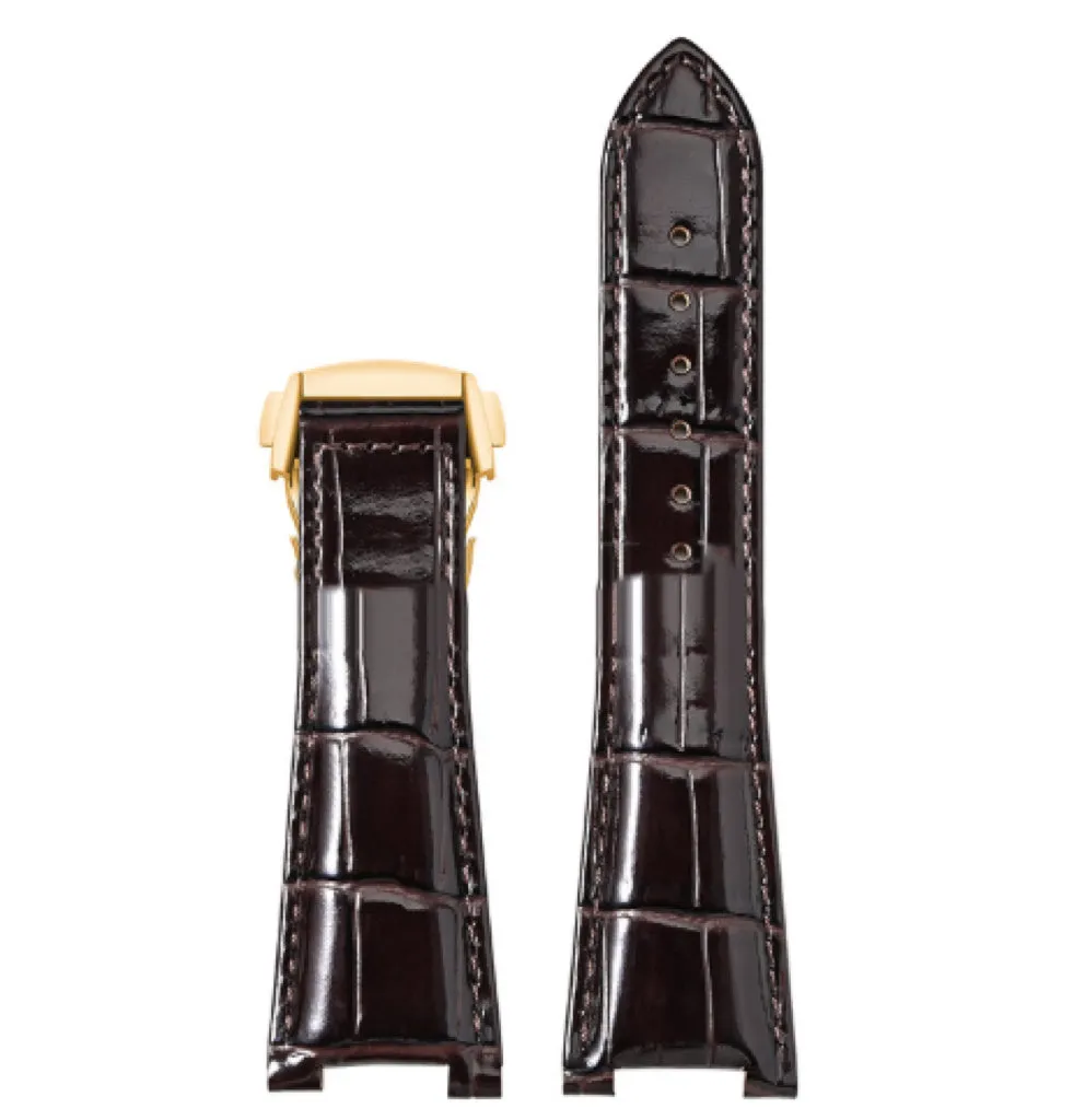 Bamboo pattern leather watch band for Observatory watches in black with silver buckle