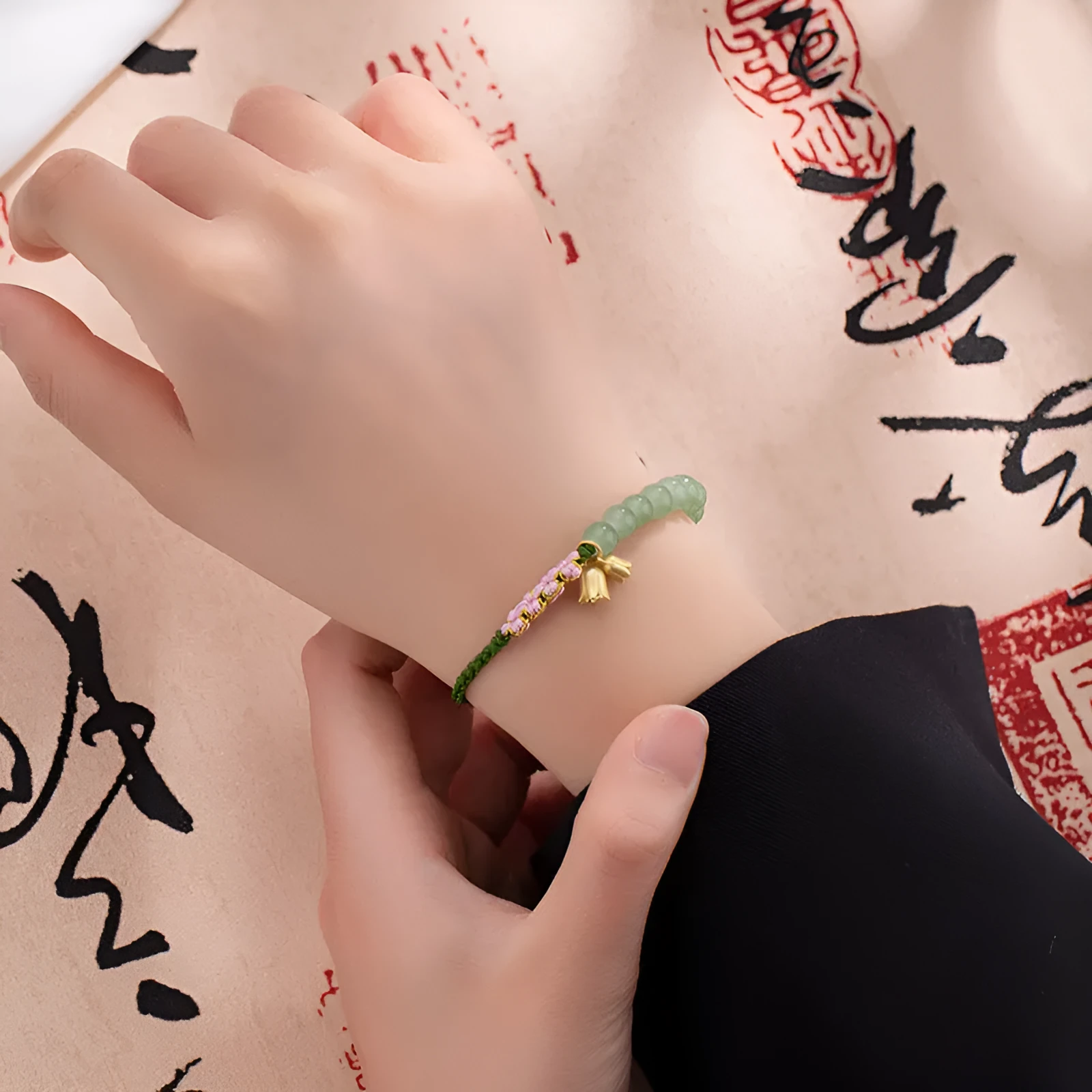 Hand woven red rope women's bracelet with Lily design and floral national style decoration