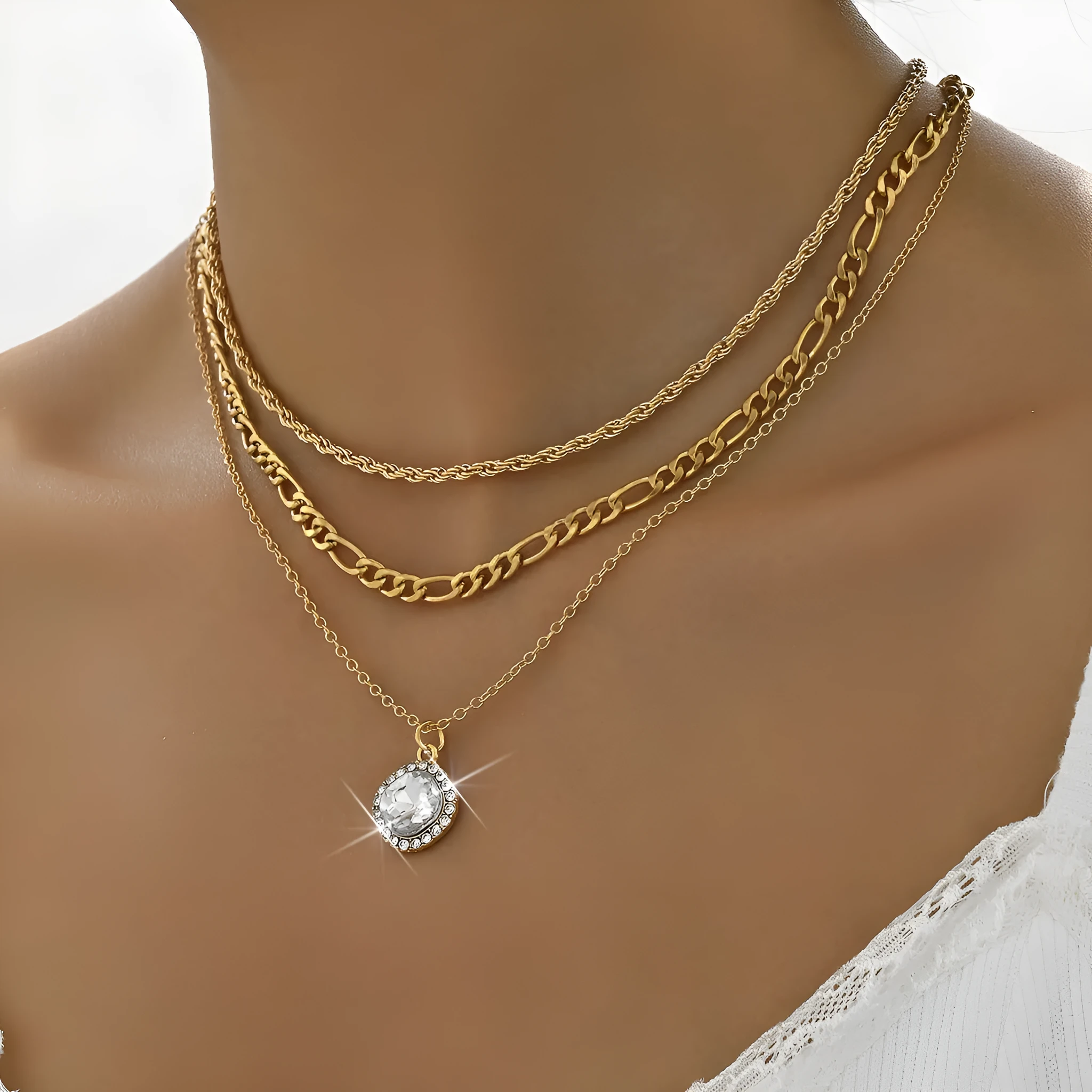 Gold multi-layer pendant necklace with large hemp flowers chain and round geometric pendants on alloy base