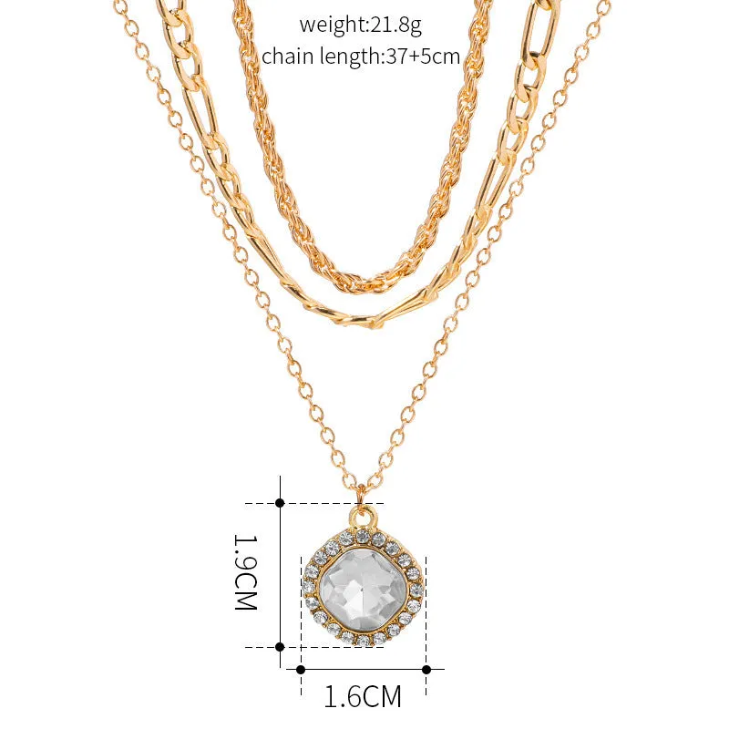 Gold multi-layer pendant necklace with large hemp flowers chain and round geometric pendants on alloy base