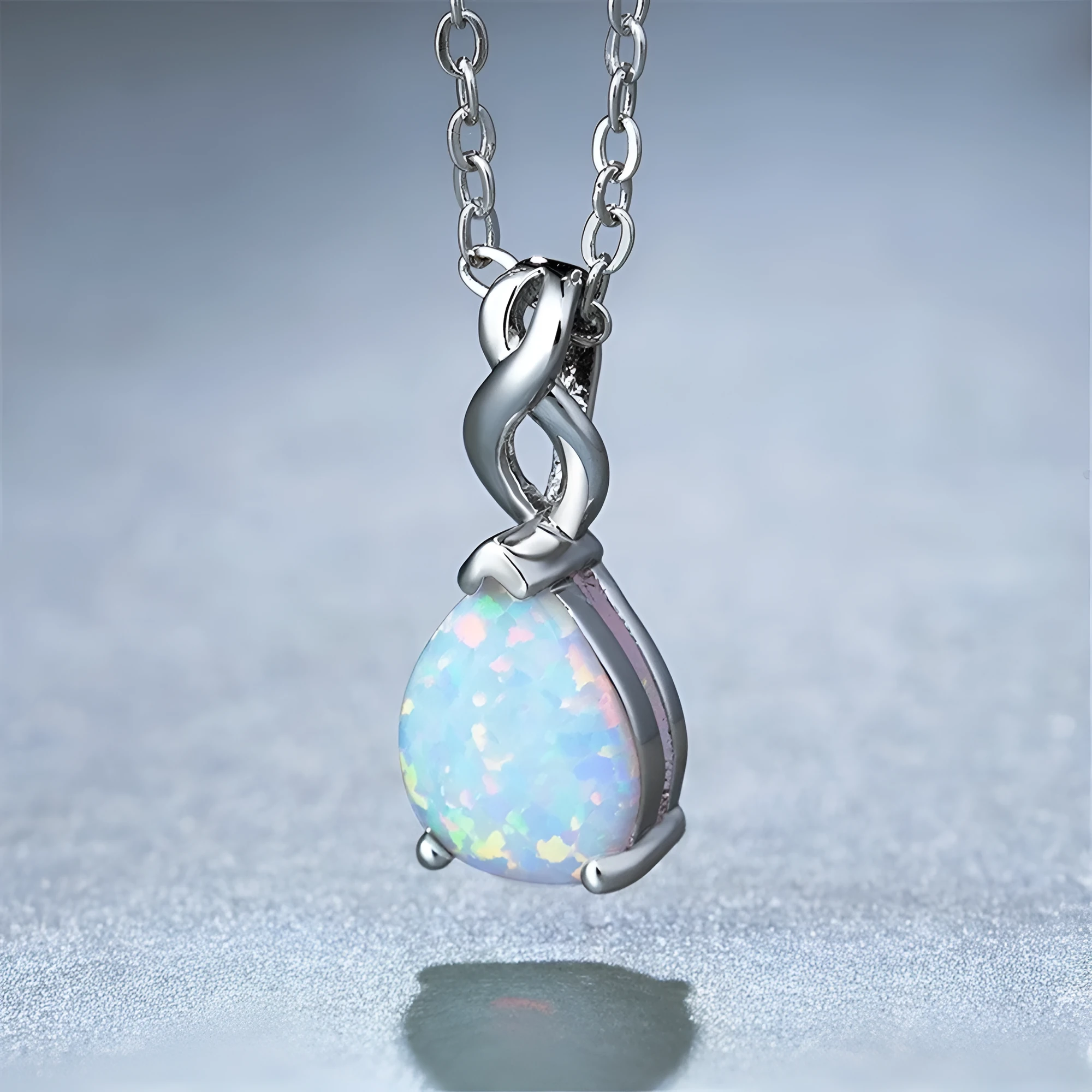 White opal water drop pendant necklace on alloy chain with ellipse shape and white colour