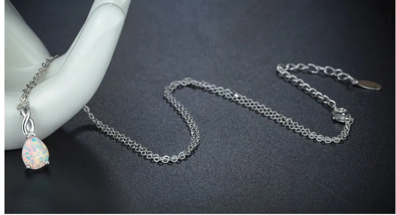 White opal water drop pendant necklace on alloy chain with ellipse shape and white colour