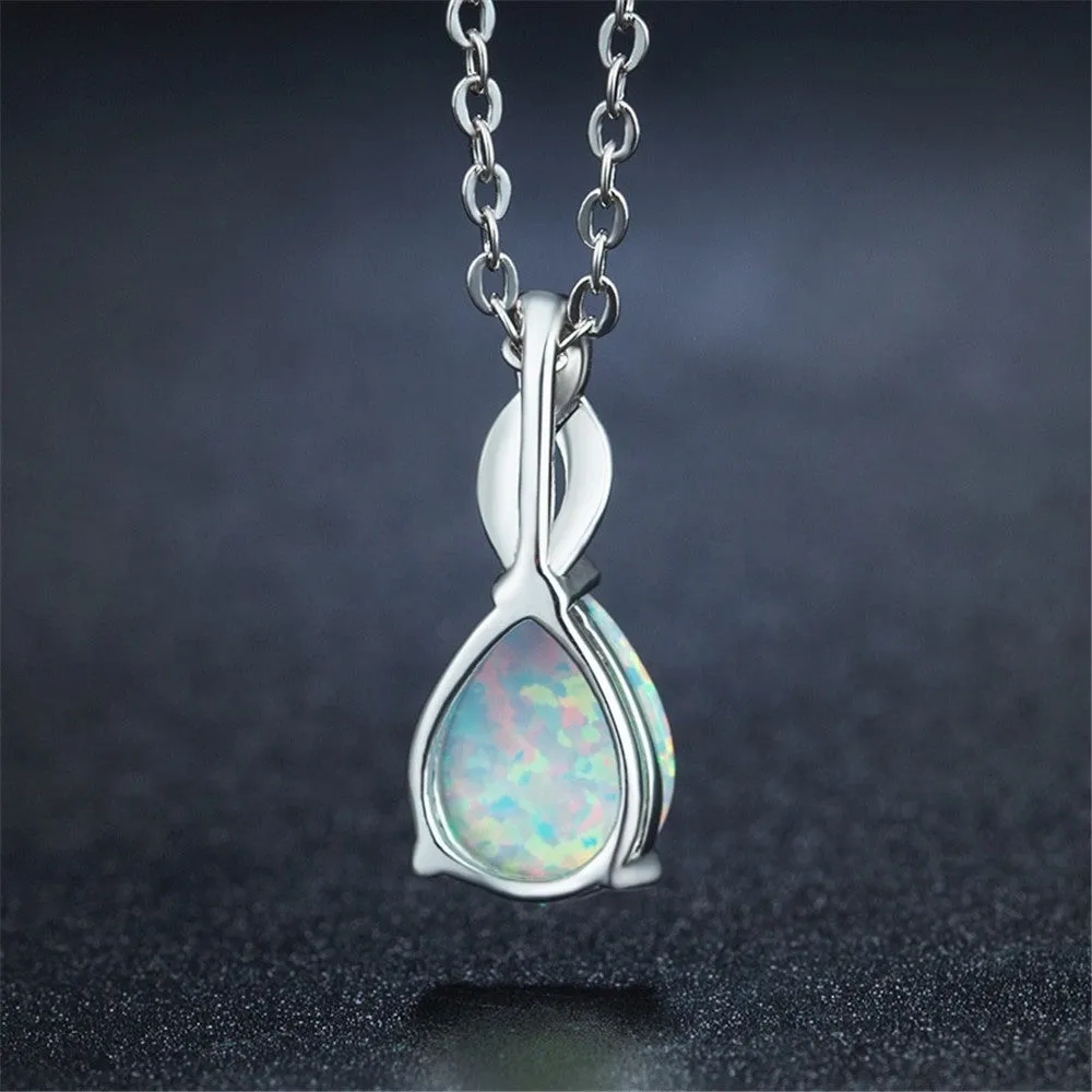 White opal water drop pendant necklace on alloy chain with ellipse shape and white colour