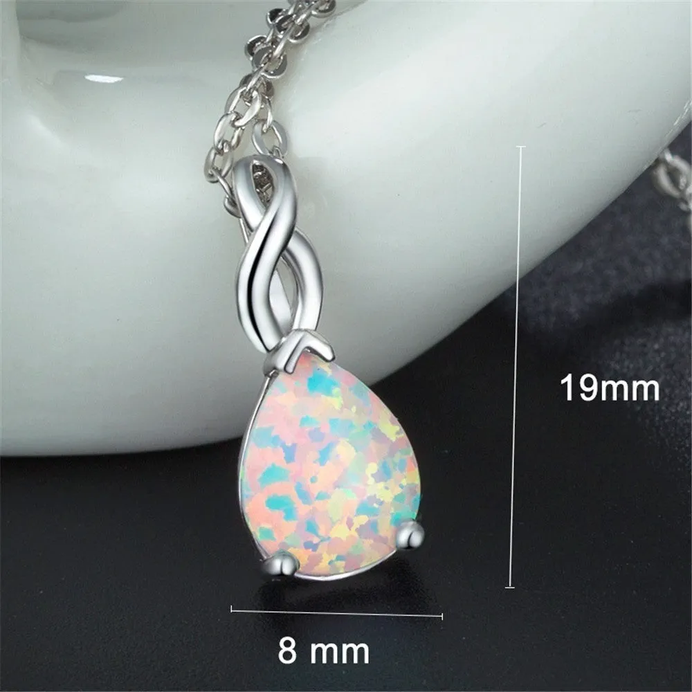 White opal water drop pendant necklace on alloy chain with ellipse shape and white colour