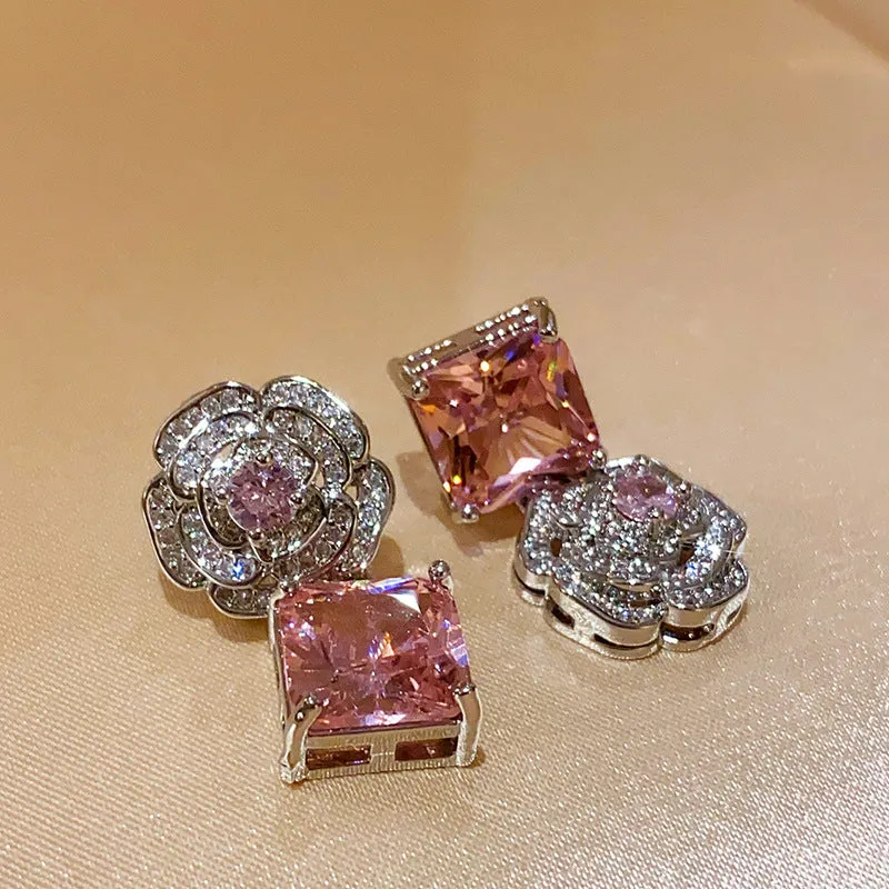 French flower square zircon necklace copper pendant clavicle chain silver-pink 41-50cm