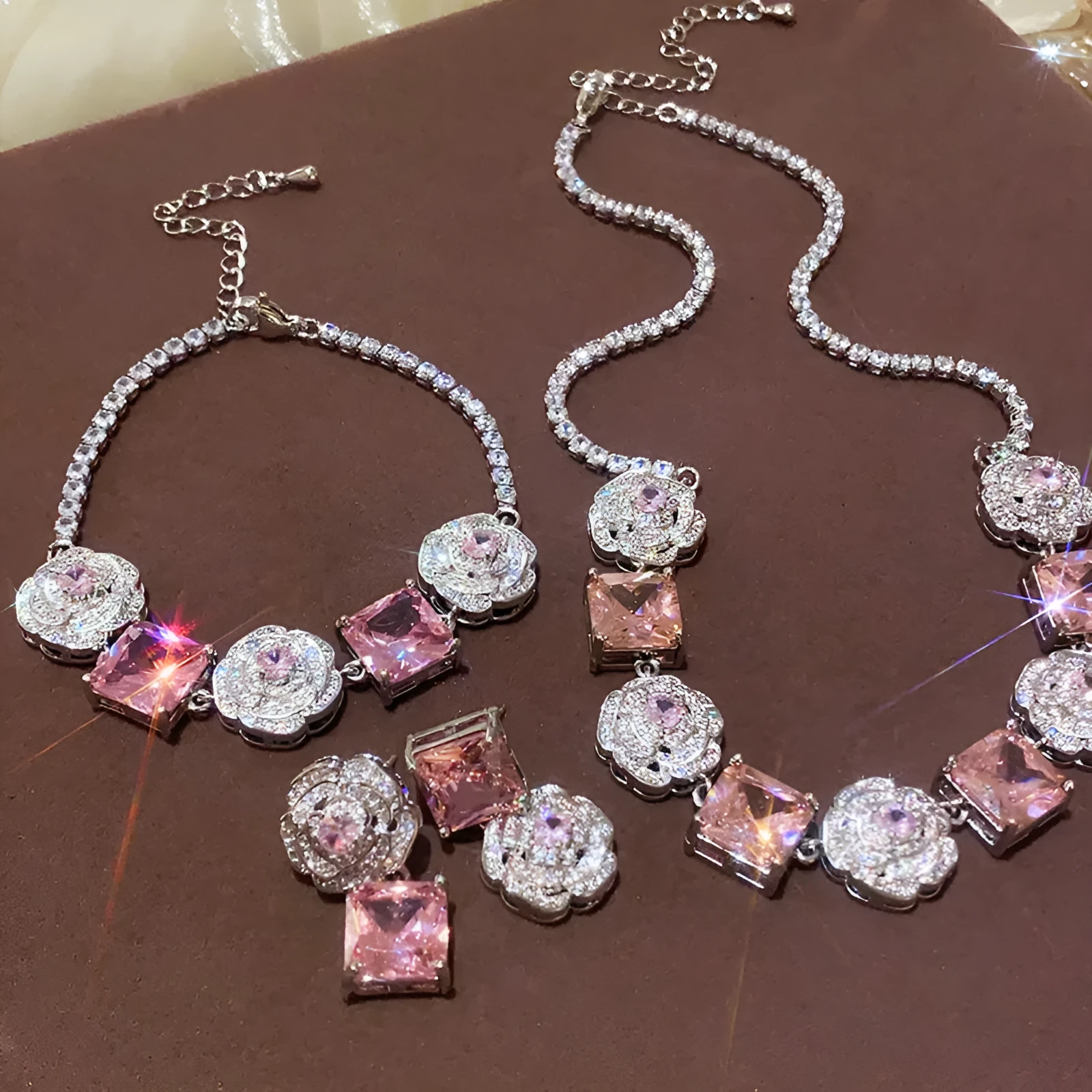 French flower square zircon necklace copper pendant clavicle chain silver-pink 41-50cm