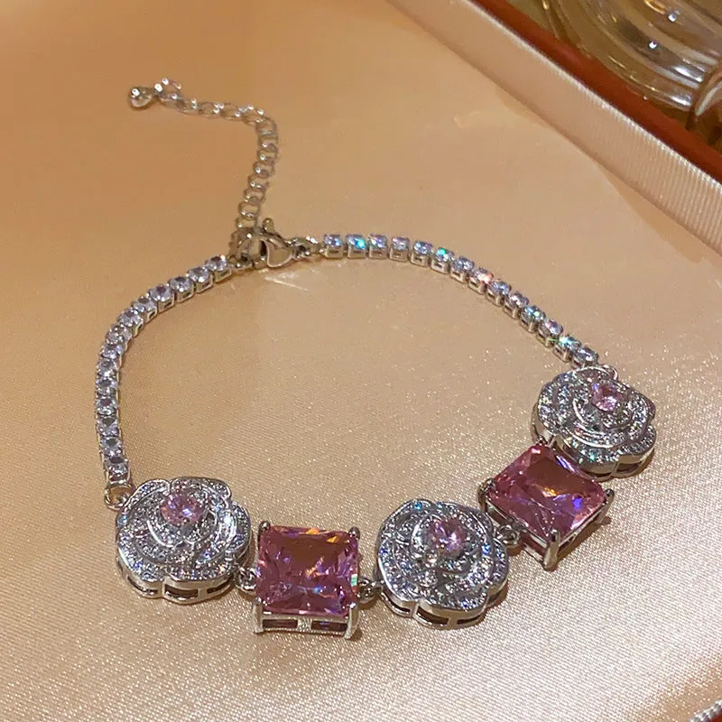 French flower square zircon necklace copper pendant clavicle chain silver-pink 41-50cm